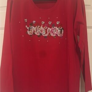 Red Long Sleeve Top with Snowman Embroidery